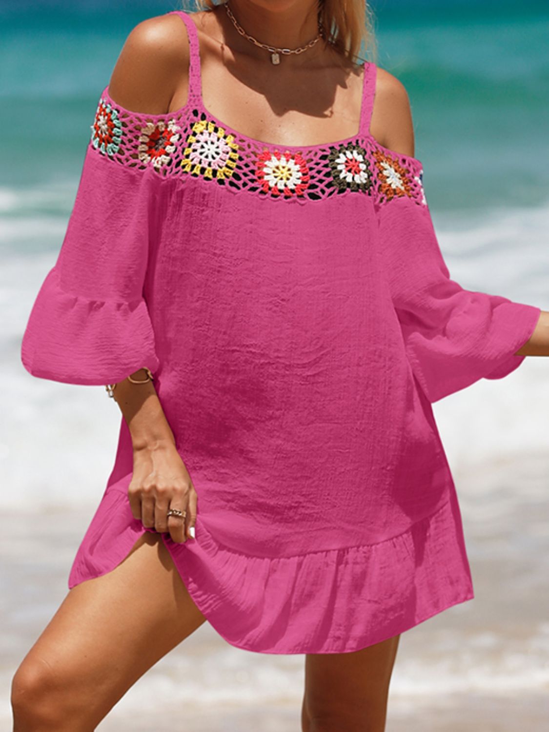 Crochet Cold Shoulder Three-Quarter Sleeve Cover Up Crochet Cold Shoulder Three-Quarter Sleeve Cover Up